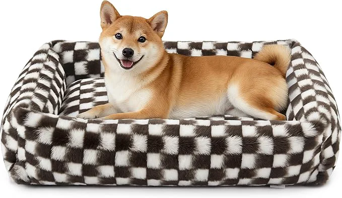 Sophisticated JOEJOY Large Dog Beds Large Sized Dog Removable Washable Cover Orthopedic Soft Faux Rabbit Fur Pet Bed Anti-Slip Fluffy Plush Faux Rabbit Fur Puppy Bed 36 x27 x8 Checkered BrownAbout ThisOverview Organic