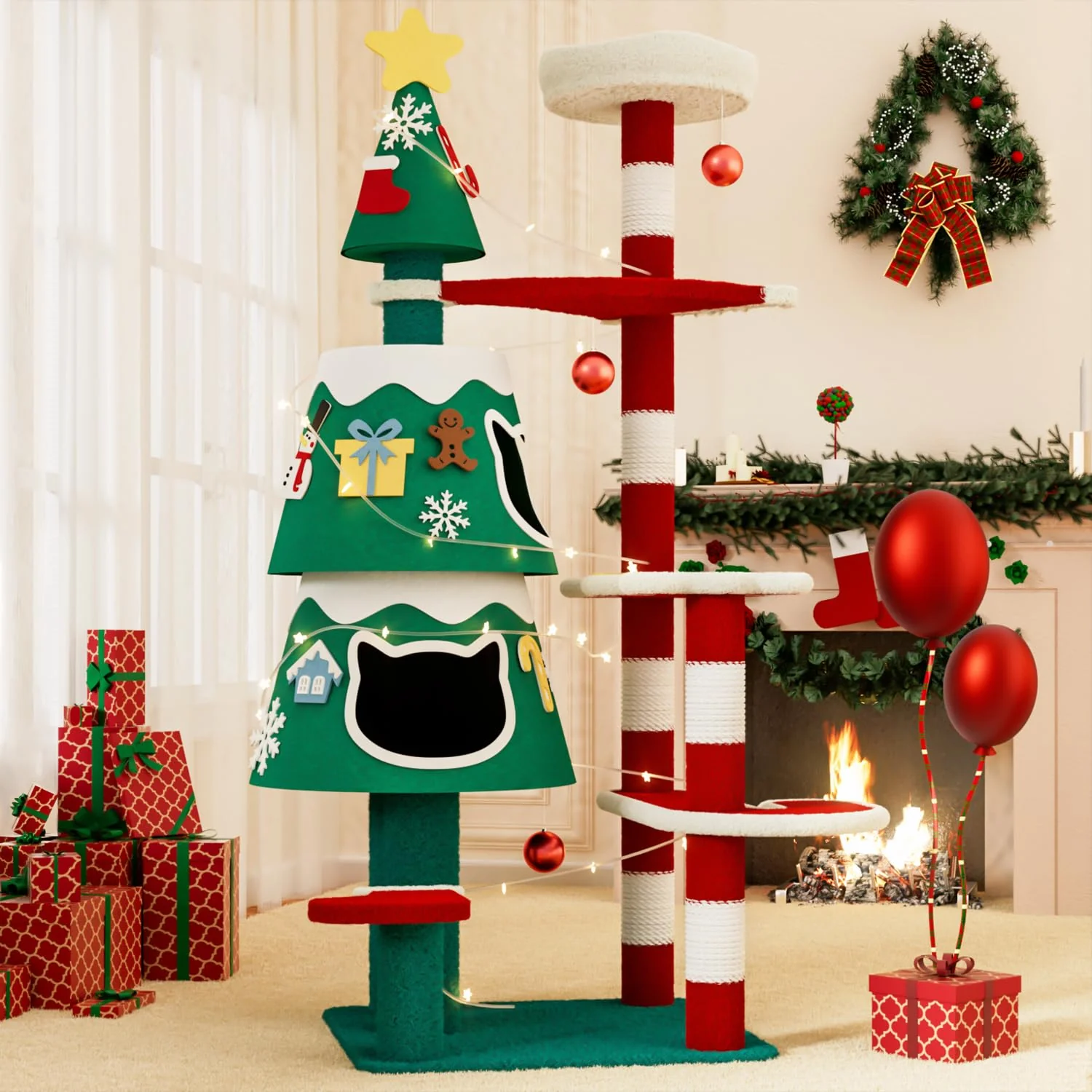Lightweight YARUOMY Christmas Cat Tree with 2 Condos Durable Scratching Posts DIY Stickers LED Lights Luxury