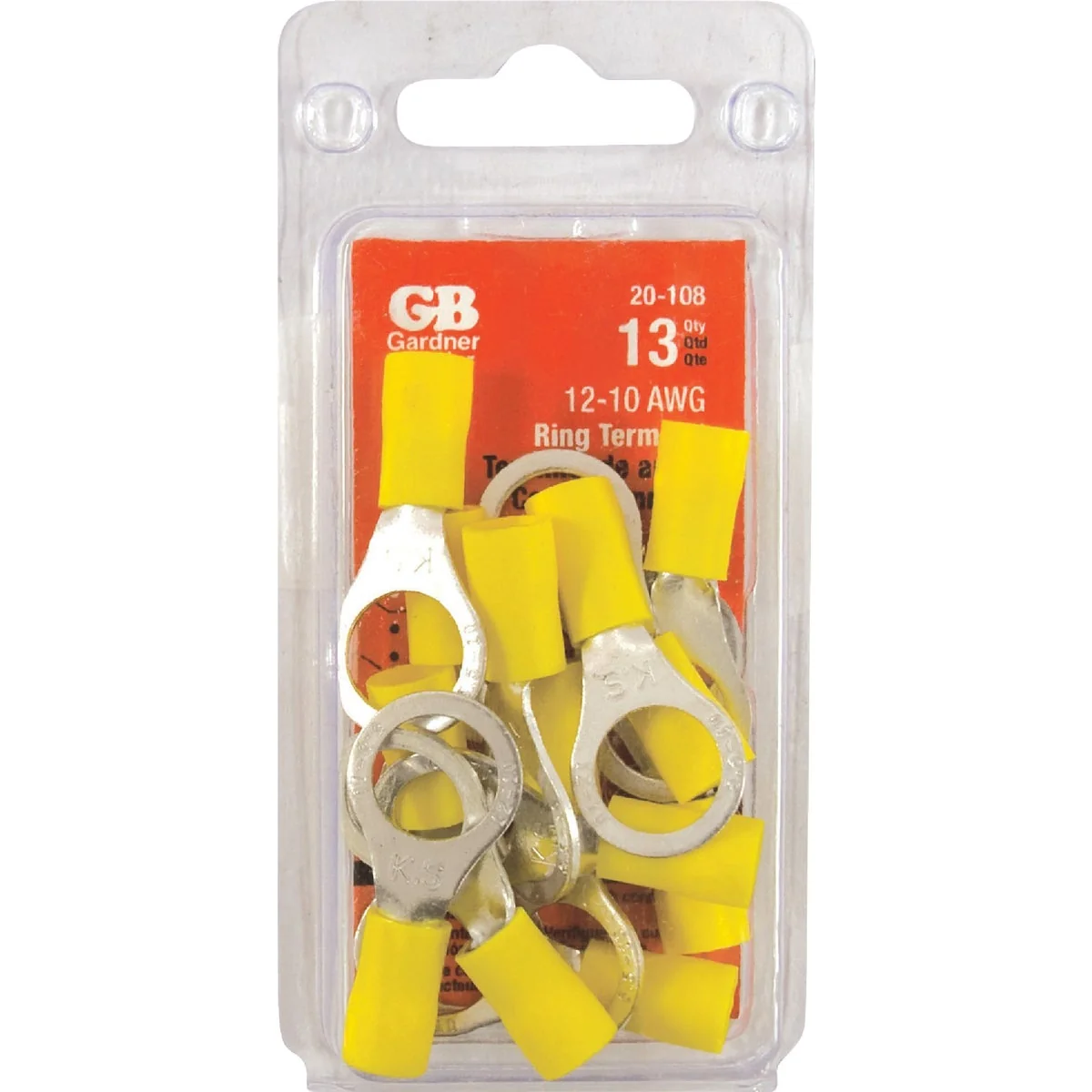 Dependable Gardner Bender 12 to 10 AWG 1 4 In. to 3 8 In. Stud Size Yellow Vinyl-Insulated Barrel Ring Terminal 13-Pack Clean