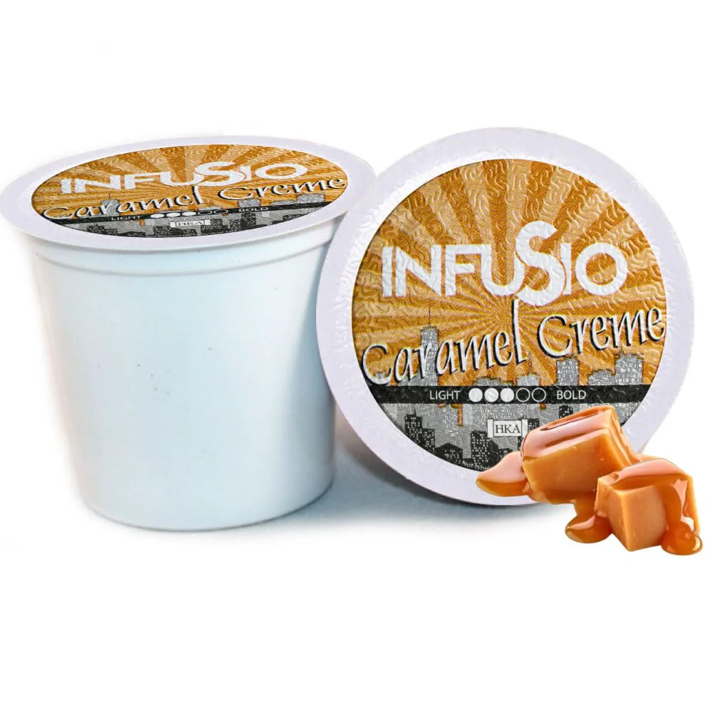 Soft InfuSio Coffee Pods 96 Count – Caramel Crème Medium Roast Single Serve Coffee Pods for Keurig K Cups Brewers – InfuSio Premium Roasted Keurig 2.0 Compatible Breathable