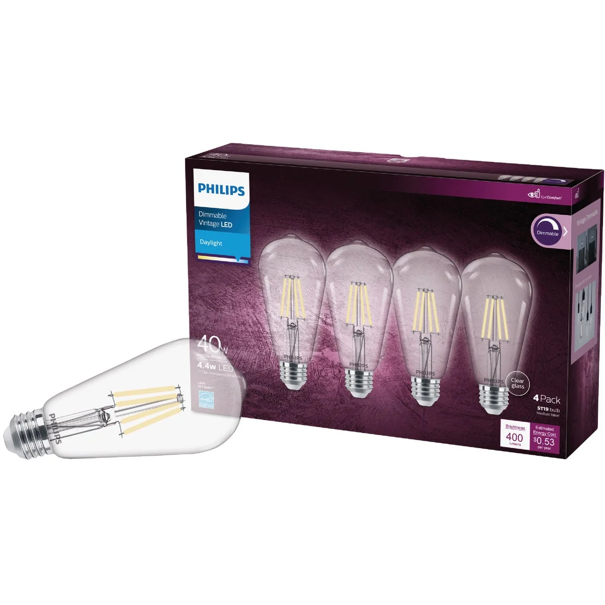 Comfortable Philips Vintage 40W Equivalent Daylight ST19 Medium LED Decorative Light Bulb 4-Pack Crafted