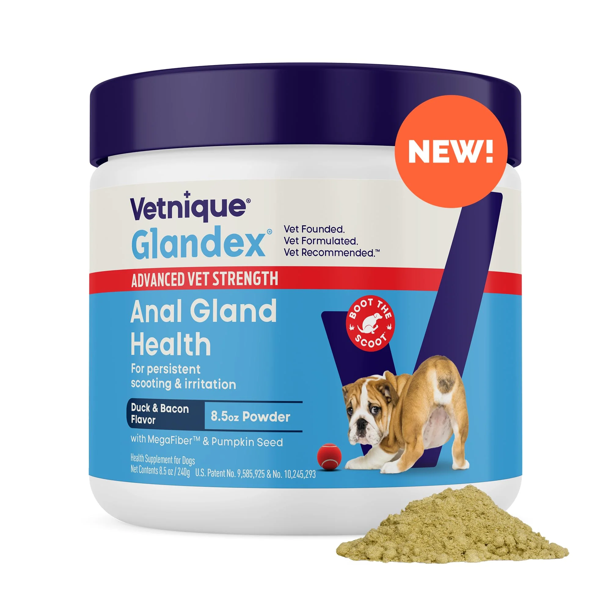 Enhanced Vetnique Glandex Dog Fiber Supplement Powder – Advanced Strength Duck Bacon 8.5 oz Boot The Scoot Sustainable