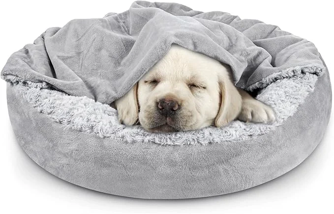 Fast JOEJOY Small Dog Bed Cat Bed with Hooded Blanket Cozy Cuddler Luxury Puppy Pet Bed Donut Round Calming Anti-Anxiety Dog Burrow Cave Bed – Anti-Slip Bottom and Machine Washable 23 inchAbout ThisOverview Functional