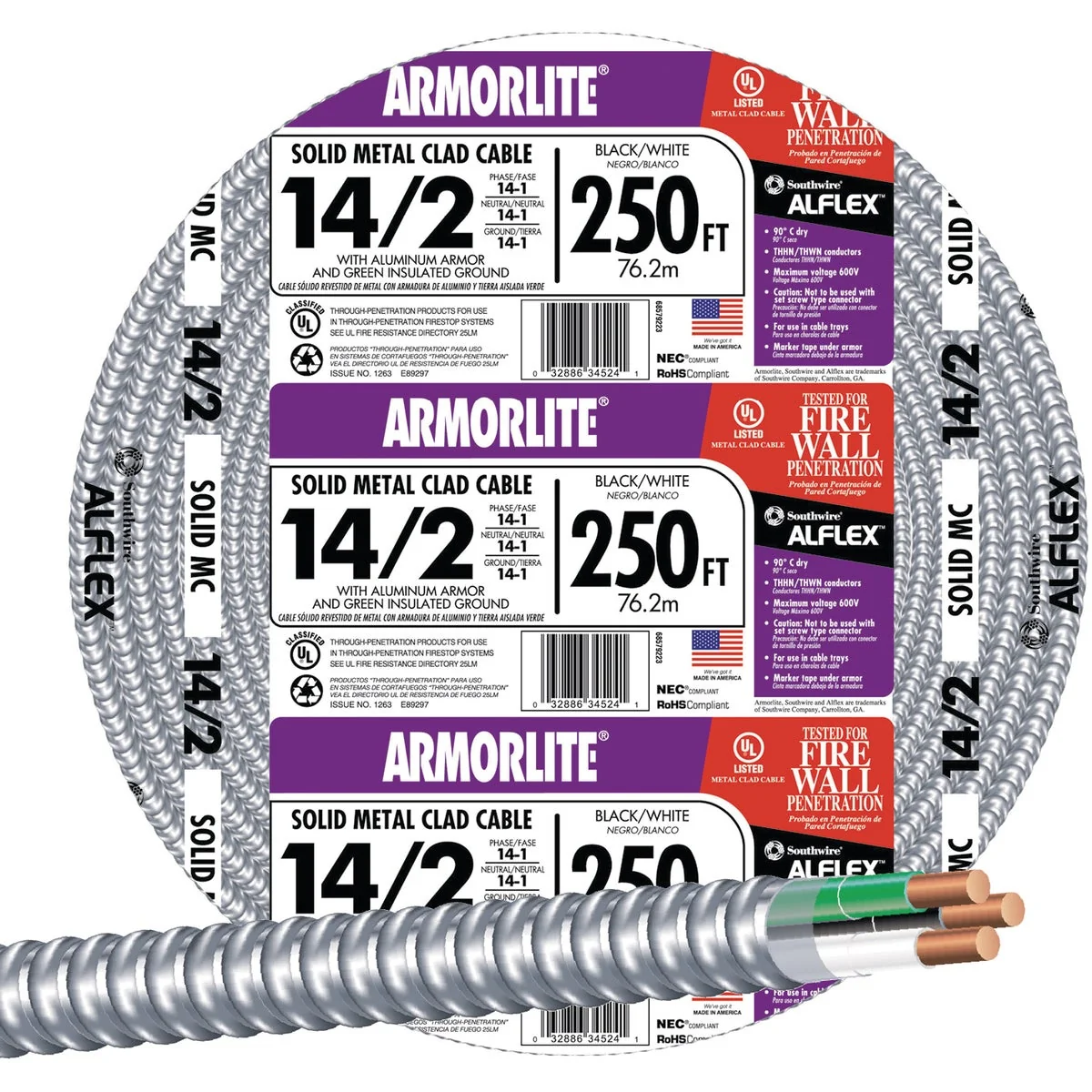 Lightweight Southwire 250 Ft. 14 2 MC Armored Cable Electrical Wire Enhanced