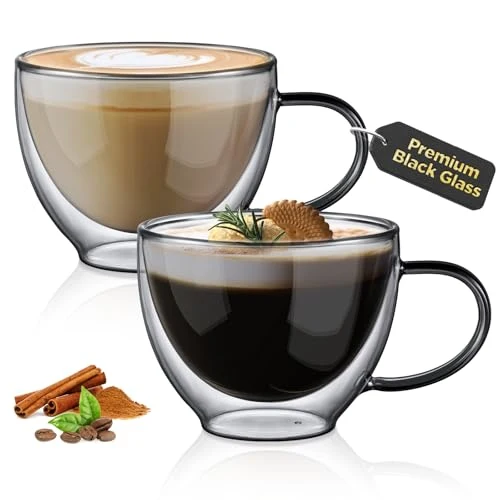 High-Performance Black Double Walled Glass Coffee Mug 12 oz Cappuccino Cups Set of 2 2 Count World-Class