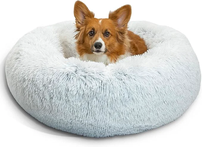 Fast Friends by Sheri The Calming Donut Dog Bed – Washable Plush Pet Bed for Medium Breeds up to 45 lbs Shag Faux Fur Frost Gray Medium 30 x 30 About ThisOverview High-End