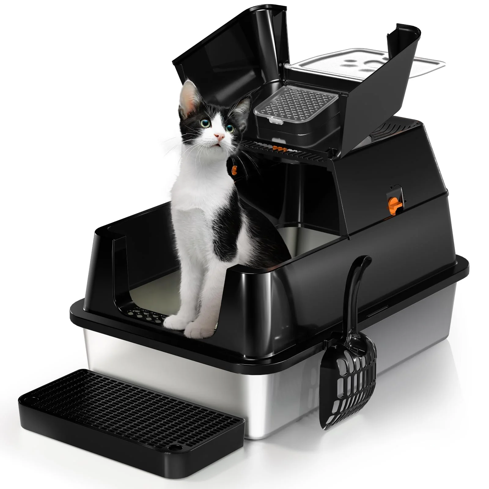 Safe Eosarcu Stainless Steel Cat Litter Box with Lid 180° Flip-Top XL Enclosed Odor Control Green