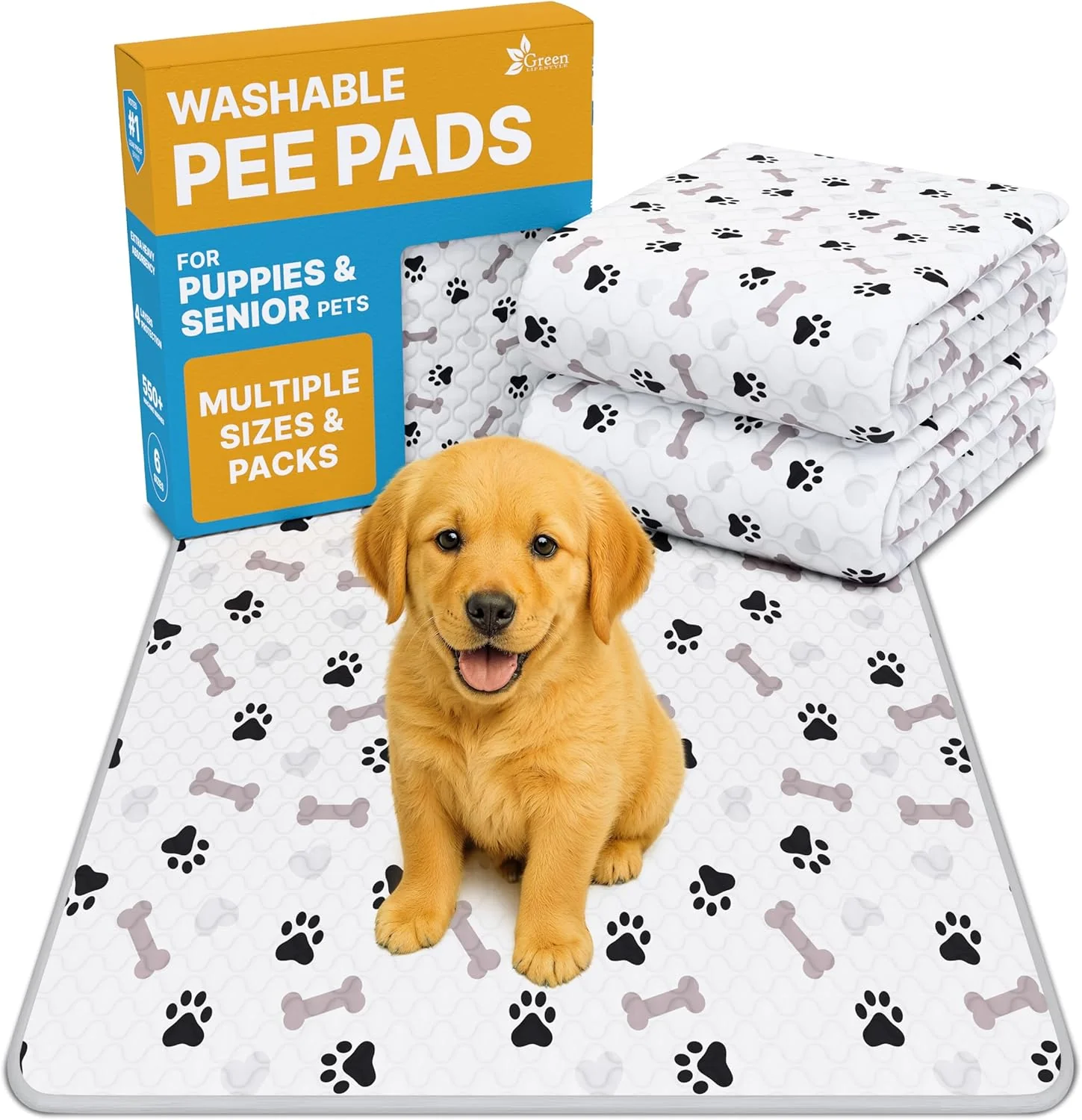 Classic GREEN LIFESTYLE Washable Pee Pads for Dogs – Waterproof Reusable Puppy Pads with Anti-Slip Backing Pet Training Pad for Puppy Playpen Crate Whelping Box Potty Training Pack of 6-34×36 Environmentally Friendly