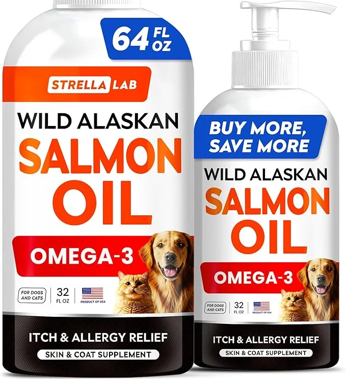 Sustainable STRELLALAB Wild Alaskan Salmon Oil for Dogs – Natural Omega 3 for Dogs Cats Itch Allergy Relief Skin Coat Support – Fish Oil Liquid EPA DHA Fatty Acids for Hip Joint 64 OZ Pack of 2 About ThisOverview