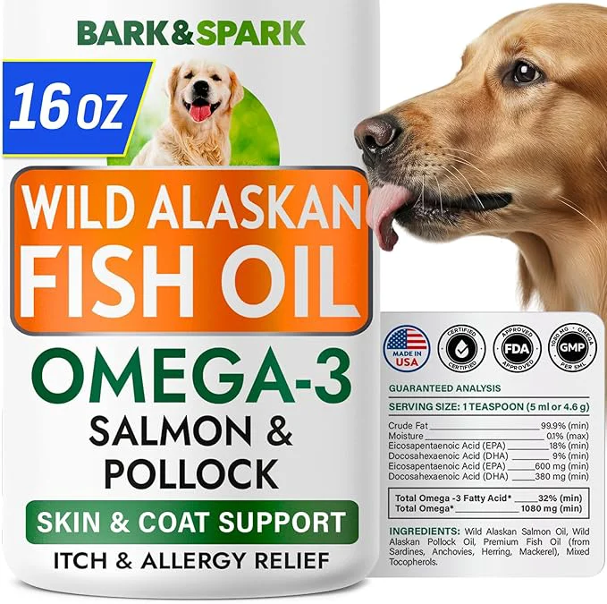 Safe BARK SPARK Omega 3 Fish Oil for Dogs – w Wild Alaskan Salmon Oil for Dogs Fish Oil Liquid Supplement for Pets EPA DHA Fatty Acids Skin Coat Support – Itch Allergy Relief Joint Immune Heart HealthAbout This Selected