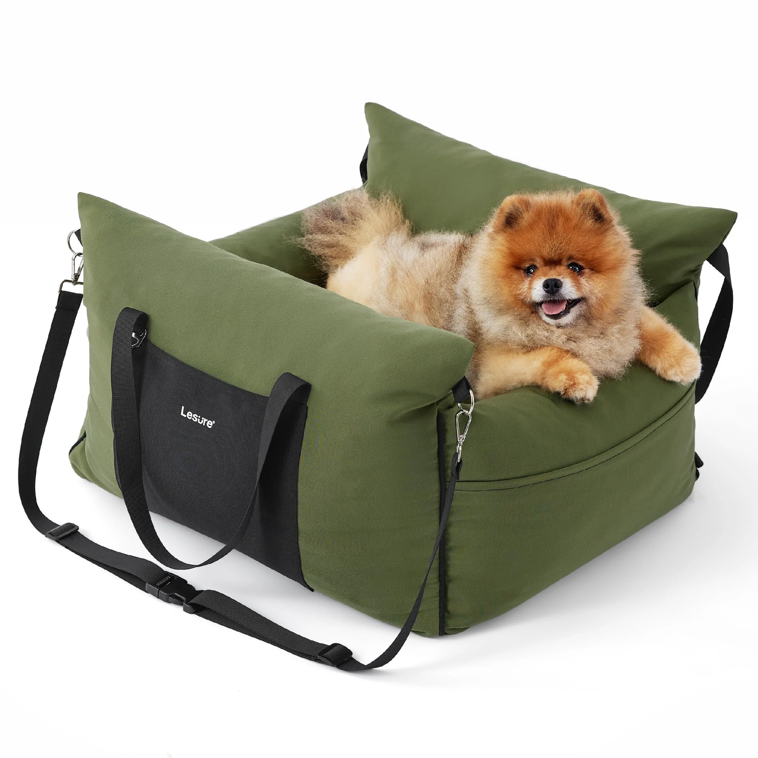 Safe LE SURE Lesure Small Dog Car Seat — Waterproof Booster with Storage Clip-On Leash Memory Foam Cypress Green Expertly Made