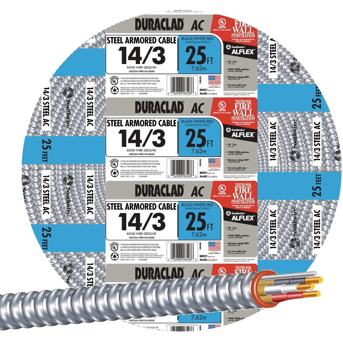 Reusable Southwire 25 Ft. 14 3 AC Armored Cable Electrical Wire High-Grade