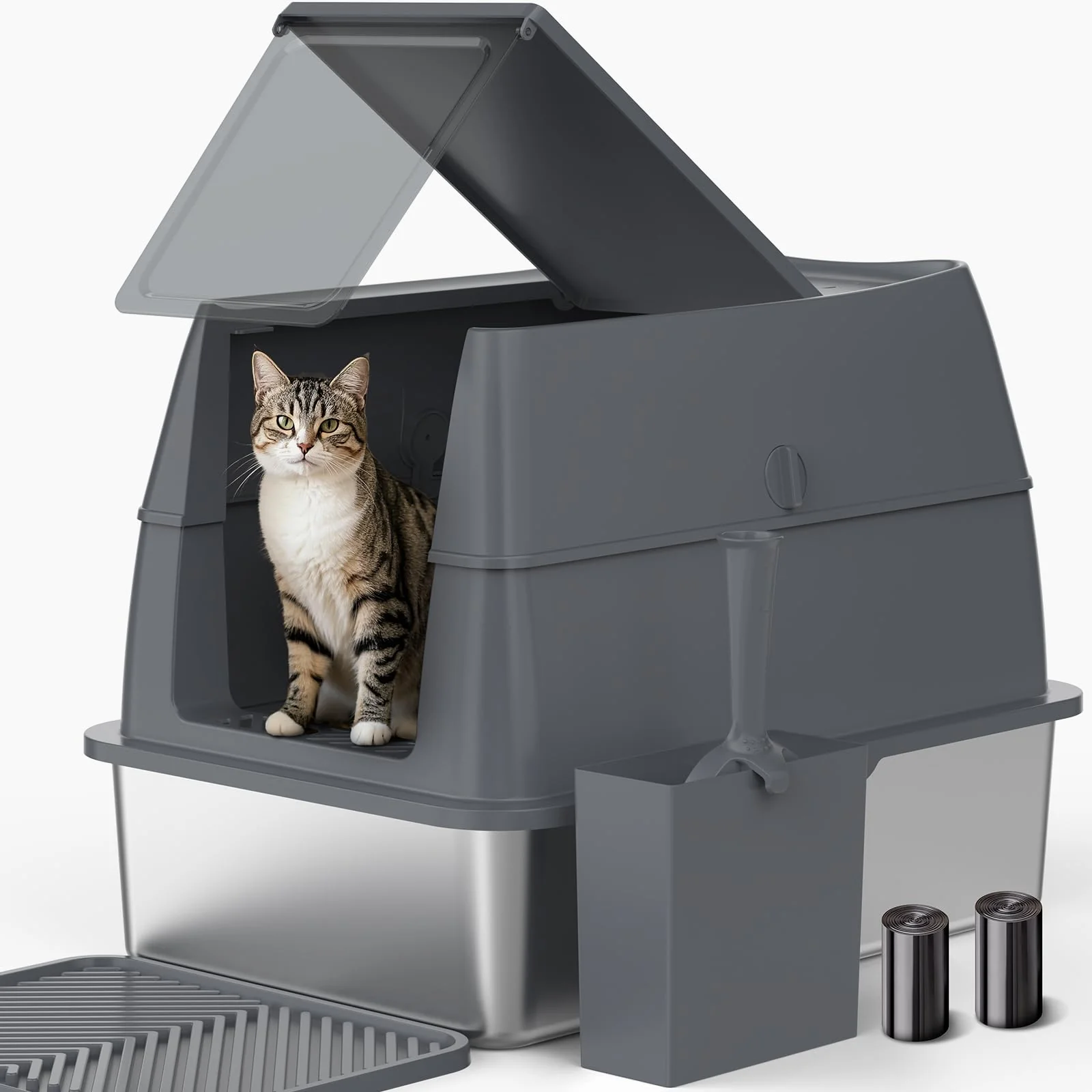 Efficient AIPERRO Enclosed Stainless Steel Cat Litter Box with Lid FILP-Top High Sided Anti-Leakage Elegant