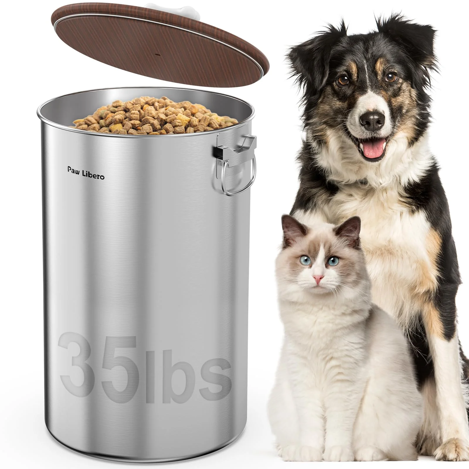 Reliable Paw Libero 35 Lbs Stainless Steel Dog Food Storage Container Airtight Wooden Lid Reusable