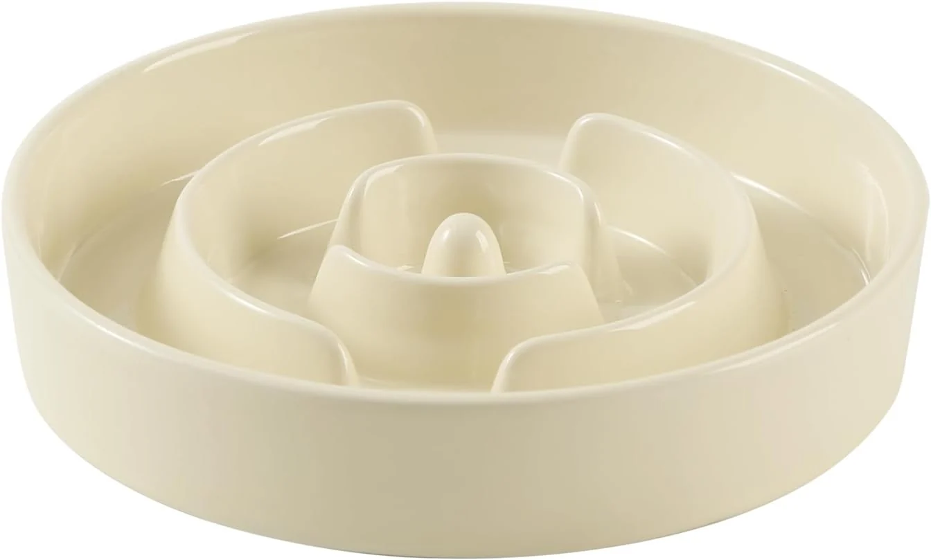 Soft 7.3inch Ceramic Slow Feeder Dog Bowl for Medium and Large Breed Puzzle Dog Food Dish Anti-Gulping Pet Slow Feeder Stop Bloat Preventing Choking Single Bowl-Beige Crafted