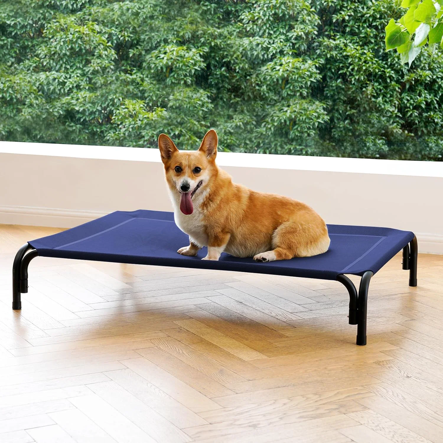 Recyclable d Dog Bed Raised Outdoor Dog Cot for Medium Dogs Installation Requires No Tools Frame with Washable Cooling Breathable Mesh Anti-Slip Feet Indoor Pet Bed Blue 35.4 Inches Eco-Friendly
