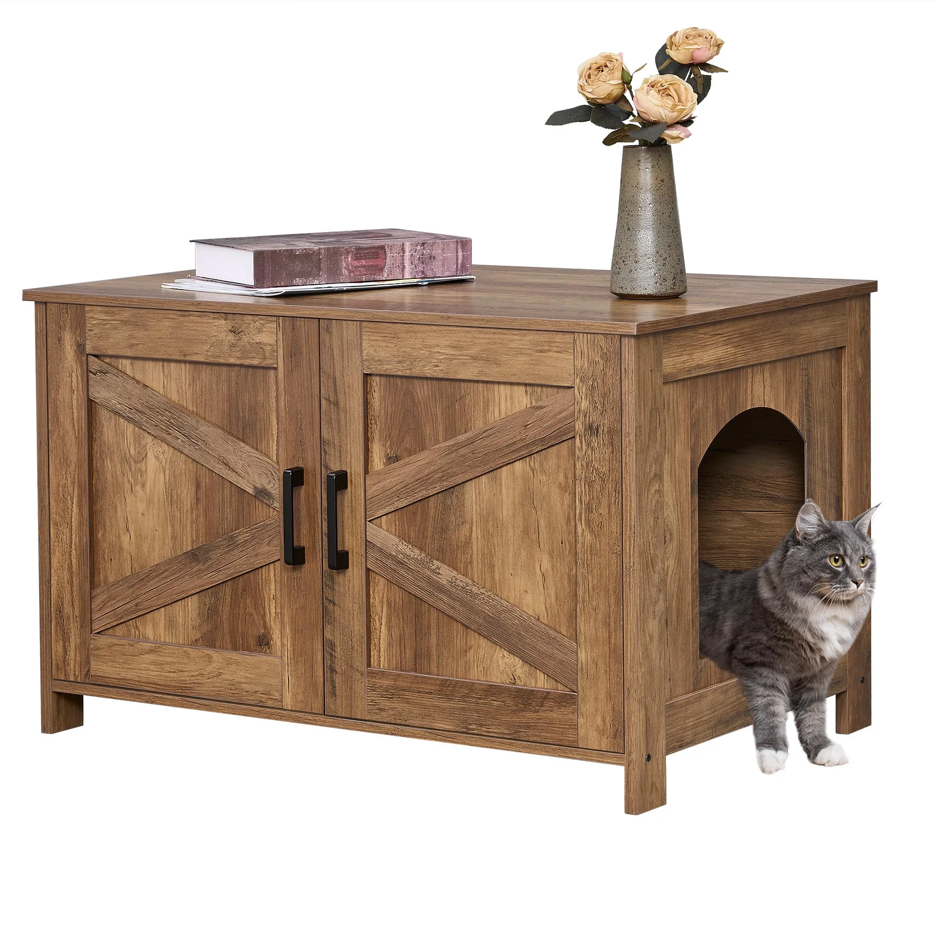 Next-Generation Homhedy Cat Litter Box Enclosure — Rustic Walnut Wooden Cat Washroom Furniture with Barn Door Practical