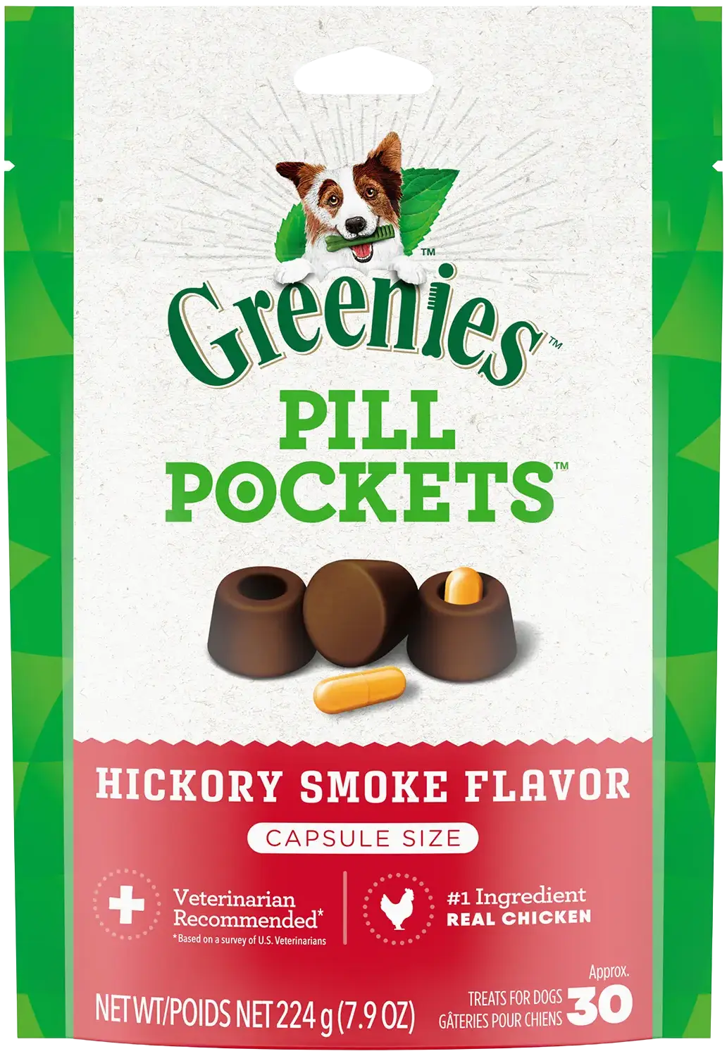 Authentic Greenies Capsule Pill Pockets Dog Treats Hickory Smoke 7.9-oz 30 Count Elite
