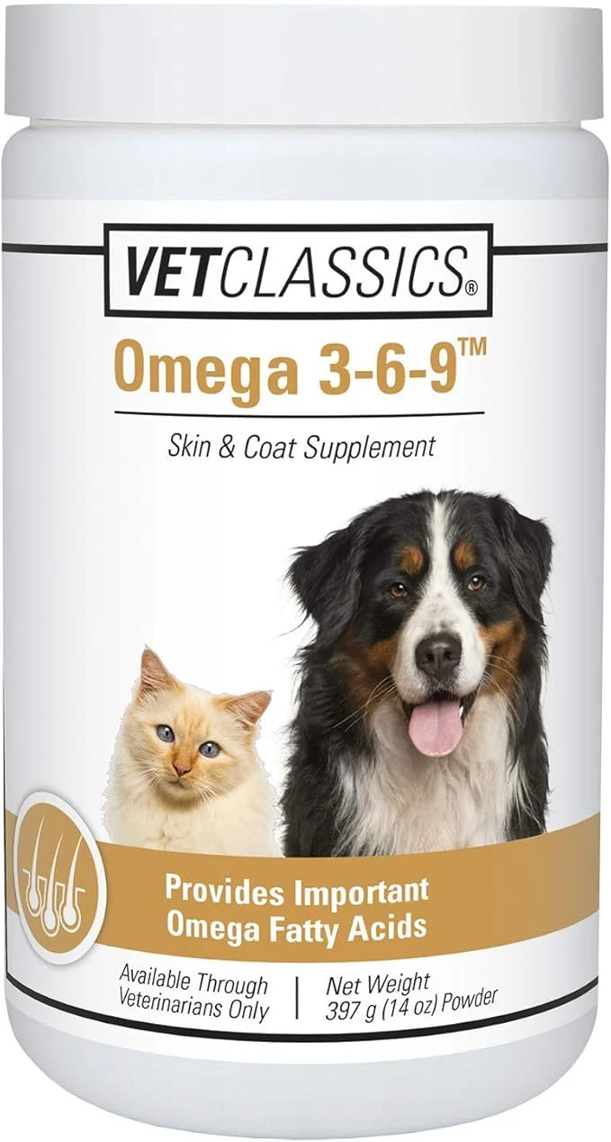 Certified Vet Classics Omega 3-6-9 Pet Skin Coat Dog Supplement – Supports Health Skin for Cats Glossy Coats for Pets – Pet Health Supplement for Cat Skin Dog Skin – Omega Fatty Acids – Powder 14 Oz.About ThisOverview World-Class
