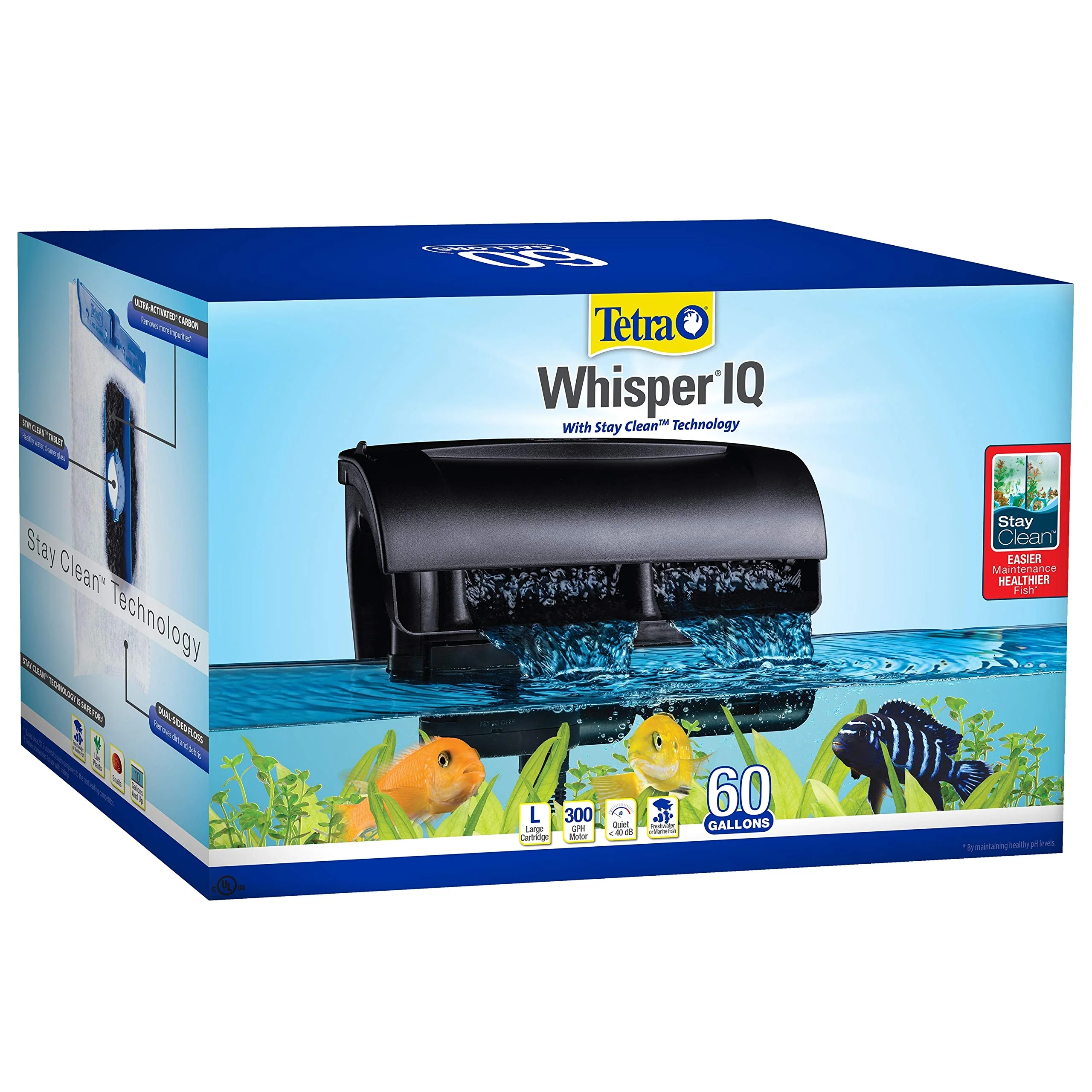 Green Tetra Whisper IQ Power Filter 60 Gallons – 300 GPH with Stay Clean Technology Pure