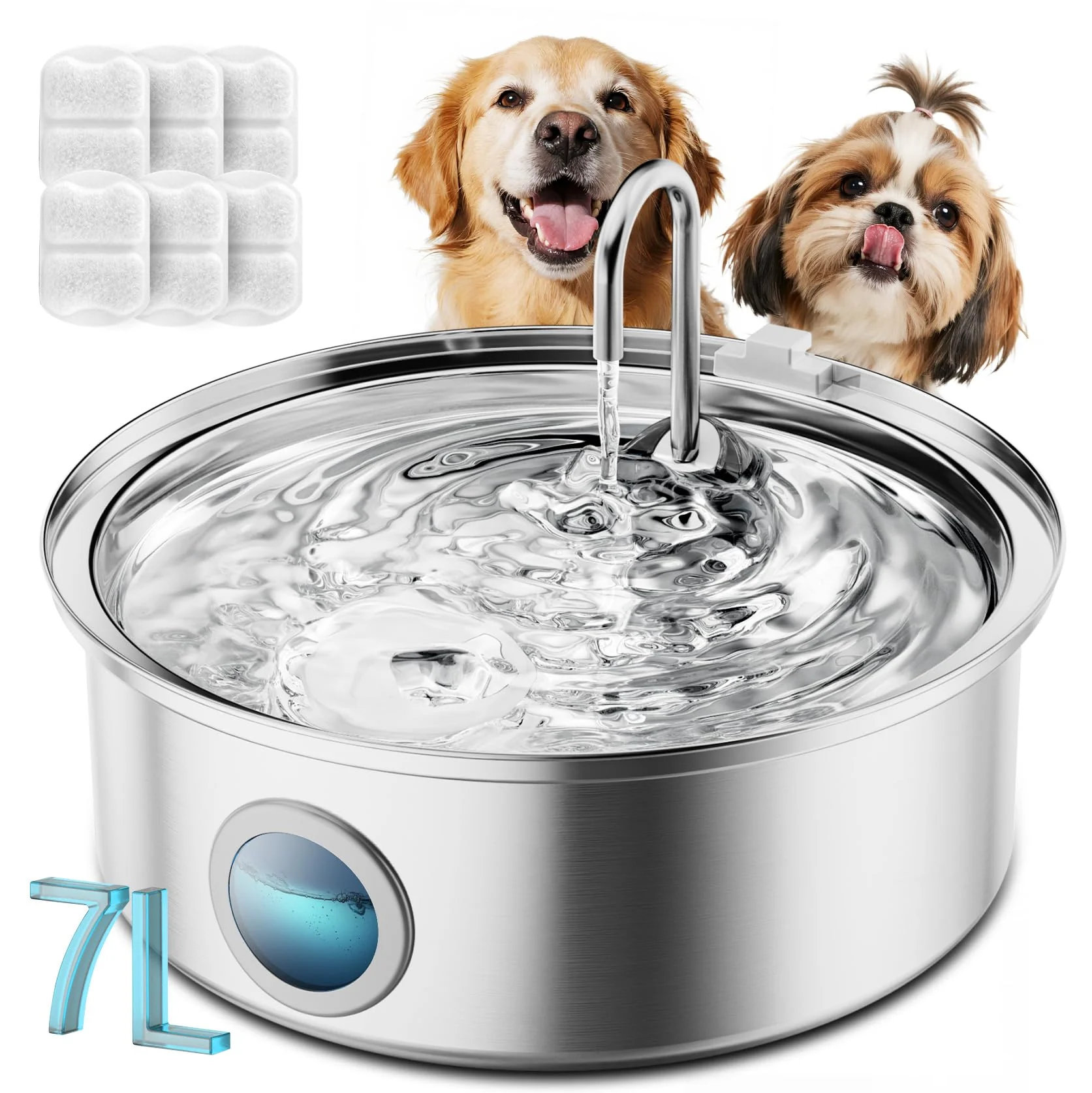 Original oneisall 7L Stainless Steel Dog Water Fountain for Large Dogs — Quiet Triple Filtration 6 Filters Included Official