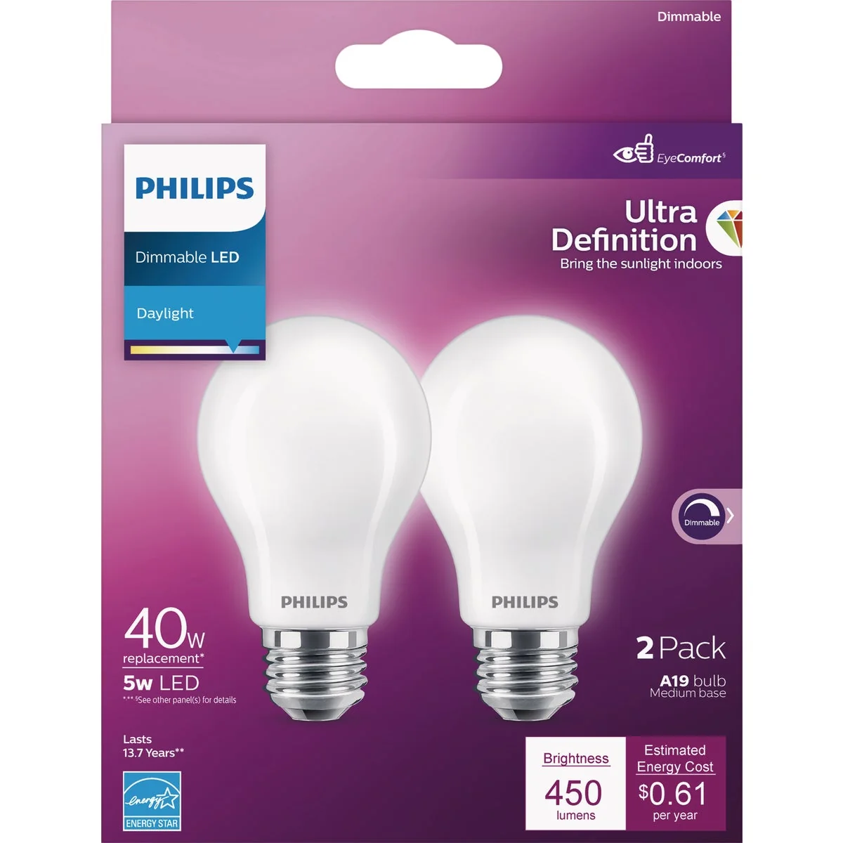 Optimized Philips Ultra Definition 40W Equivalent Daylight A19 Medium LED Light Bulb Frosted 2-Pack Eco-Friendly