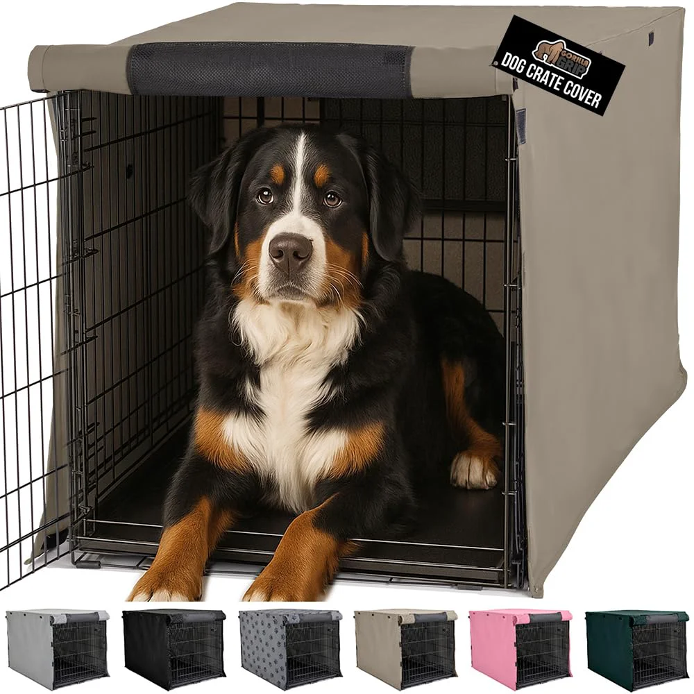 Convenient GORILLA GRIP Dog Crate Cover for 48-inch Amazon Basics Crates – All-Sides Open Taupe Secure
