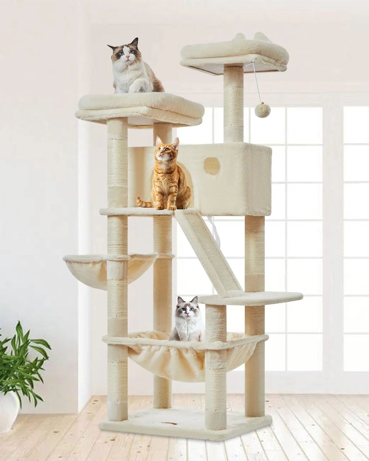 Green Taoqimiao Cat Tree 57.5-Inch – Large Indoor Cat Tower with 8 Sisal Posts Beige MS026M Breathable