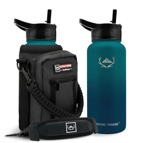 Original Design 32 oz Insulated Water Bottle with Carrier Bag 3 Lids Sophisticated