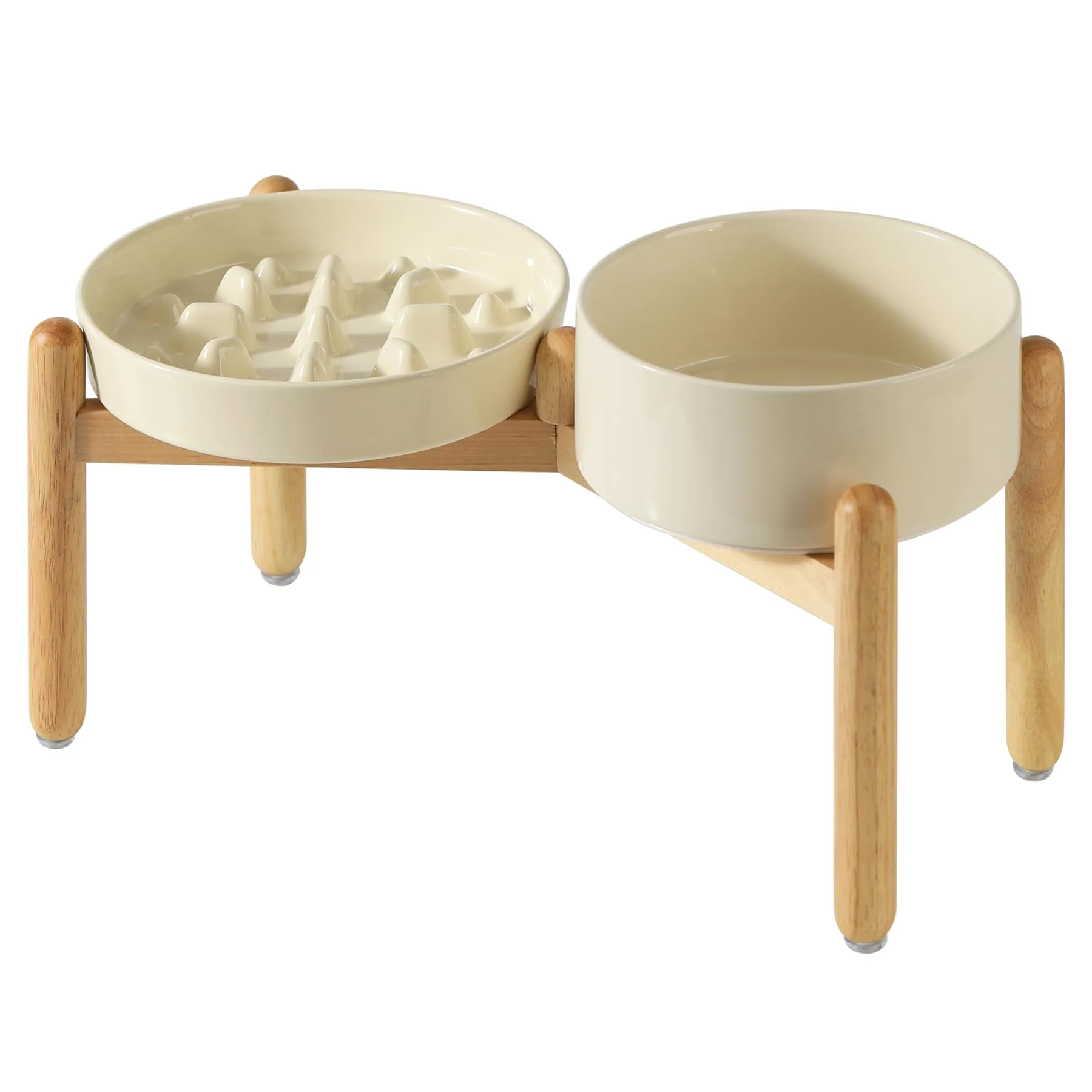 Refined Havniva Ceramic Raised Slow Feeder Dog Bowl Set – 3.2 Cup d 8.2-inch Bowls with Wooden Stand 2x Beige High-End