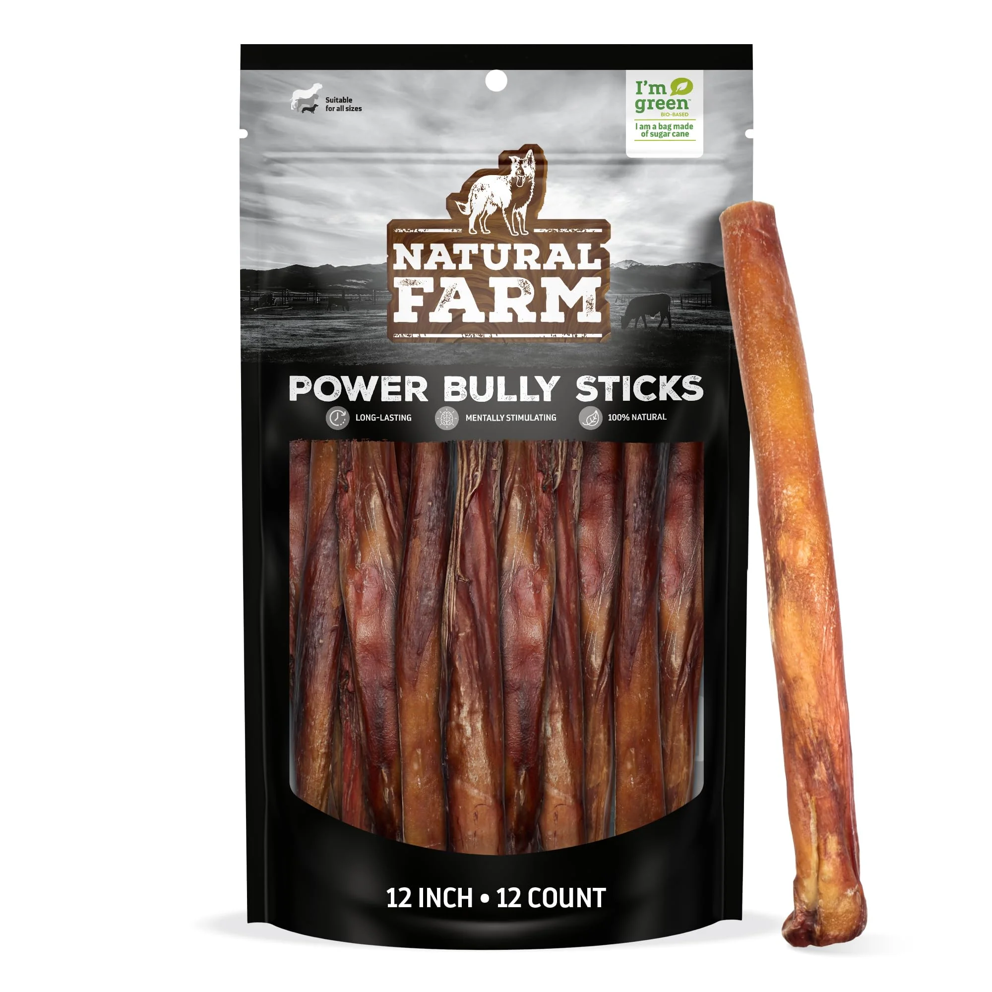 Premium Material Natural Farm Power Bully Sticks – 2-in-1 Beef Cheek Wrapped in Beef Pizzle 12 12-Pack Next-Generation