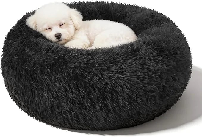 Practical Dog Calming Beds for Small Medium Large Dogs – Round Donut Washable Puppy Dog Bed Anti-Slip Faux Fur Fluffy Donut Cuddle Anxiety Cat Pet Bed 24” Black About ThisOverview High-End