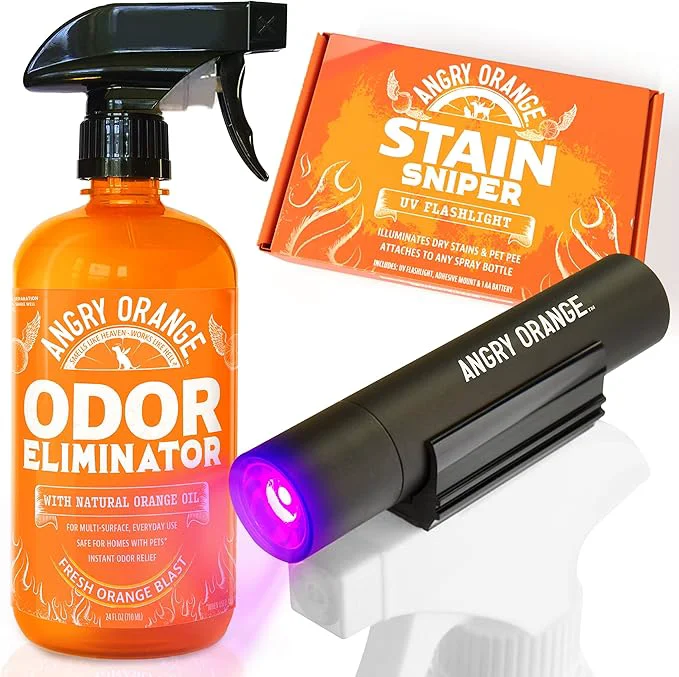 Pure ANGRY ORANGE Pet Odor Eliminator Kit for Dog Cat Urine – Citrus – 24 oz UV FlashlightAbout ThisOverview Breathable
