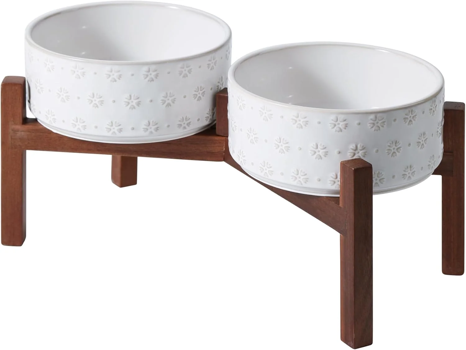 High-End 7.3inch Ceramic Raised Double Bowls Set with Acacia Wood Stand Food Water Bowls for Medium Breed Dogs Weighted Dog Dishes Pet Bowl 41OZ Arctic White User-Friendly