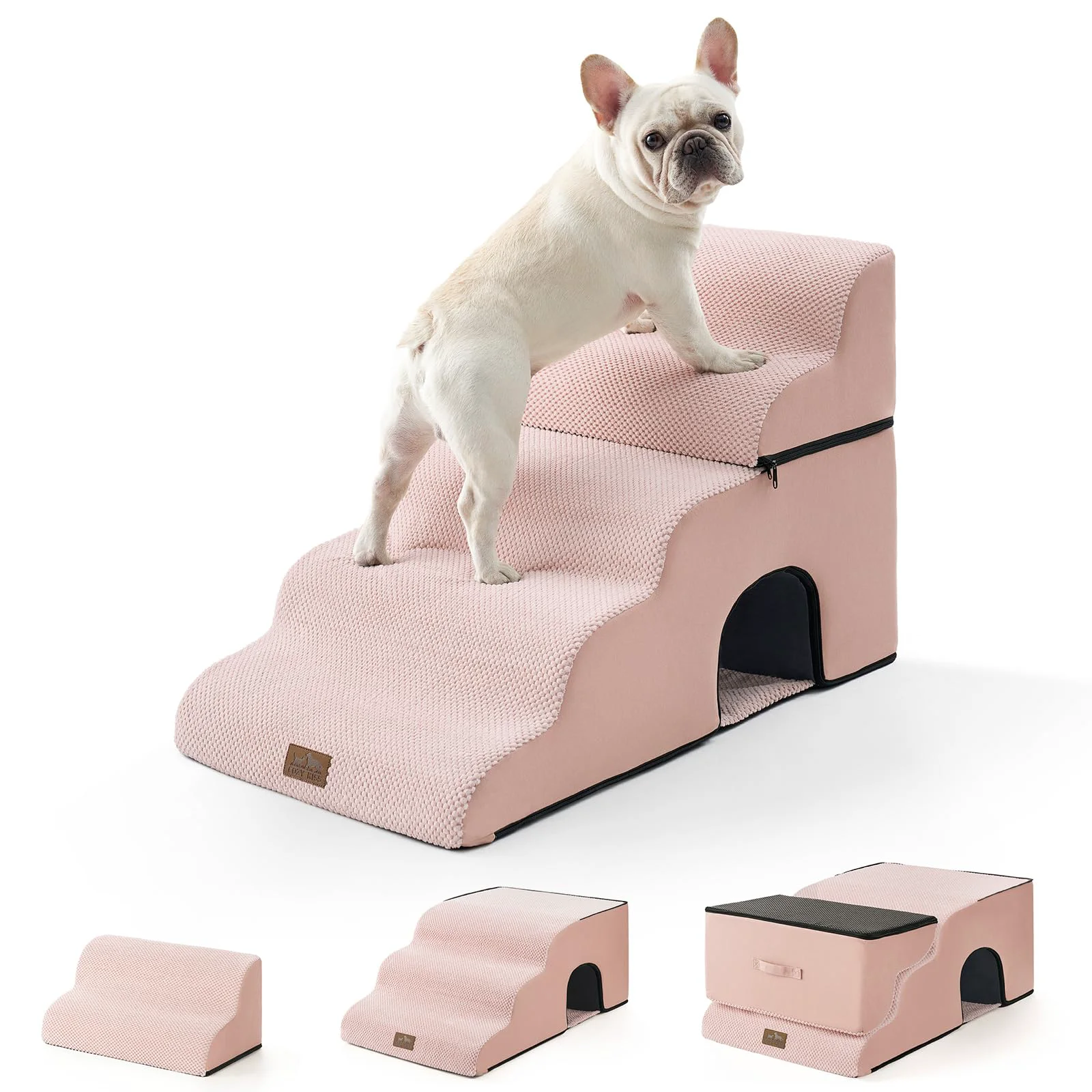 Recyclable COZY KISS Extra Wide Dog Stairs with Tunnel – 5 Step Pink 19.7 x 33 x 22.4 in Exclusive