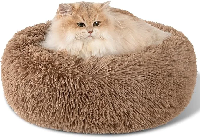 Exceptional Dog Calming Beds for Small Medium Large Dogs – Round Donut Washable Puppy Dog Bed Anti-Slip Faux Fur Fluffy Donut Cuddle Anxiety Cat Pet Bed 16” KhakiAbout ThisOverview Pure