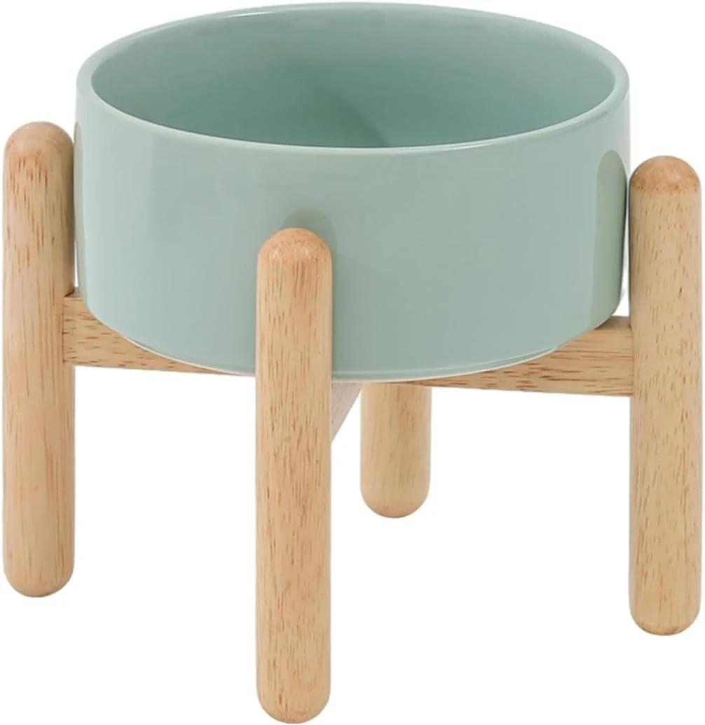Easy-to-Use Ceramic 6.1inch Raised Dog Bowl with Stand for Small and Medium Dog Dish Pet Food and Water Bowl Single Bowl with Stand – Light Green Organic