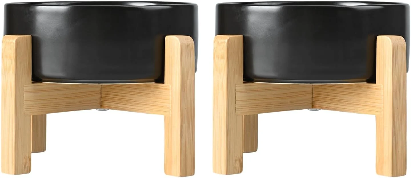 Classic SPUNKYJUNKY Ceramic d Dog Bowls 2 Pack – 8.3inch Raised Dog Bowls with Non-Slip Wooden Stand for Large Dogs Dishwasher Safe Black 60OZ 2 Modern