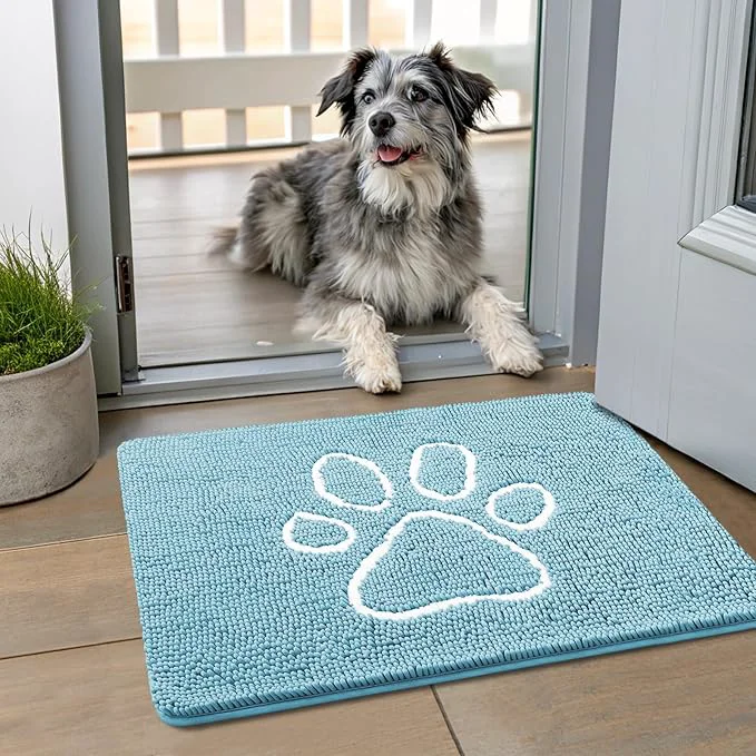 High-Grade Smiry Dog Door Mat for Muddy Paws Absorbent Dirt Trapper Non Slip Quick Dry Washable Chenille Mat for Mud Dogs Entry Rug for Indoor and Outdoor 24×16 Inches Sky Blue and White About ThisOverview Certified