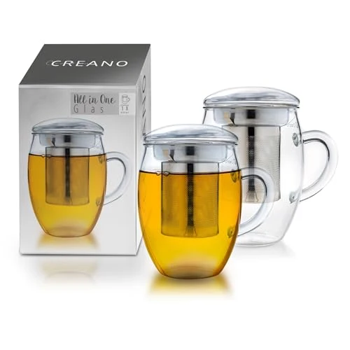 Sustainable 2pcs All-In-One Tea Glass with Stainless Steel Infuser and Lid – 14oz 400ml 2 Count Smart