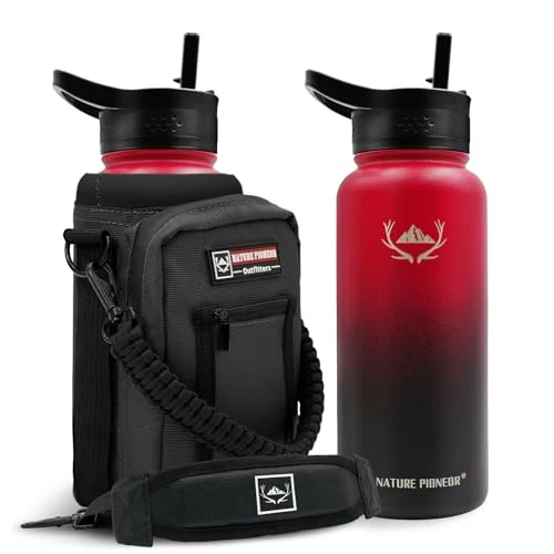 Excellent 32 oz Insulated Water Bottle with Carrier Bag 3 Lids Functional