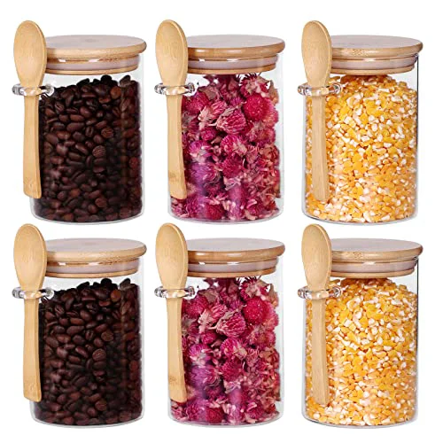 Original Glass Jars with Bamboo Lids and Spoon Set of 6 6 Count High-Grade