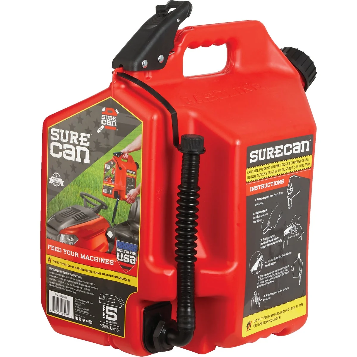 Crafted SureCan 5 Gal. Plastic Gasoline Fuel Can Red Breathable