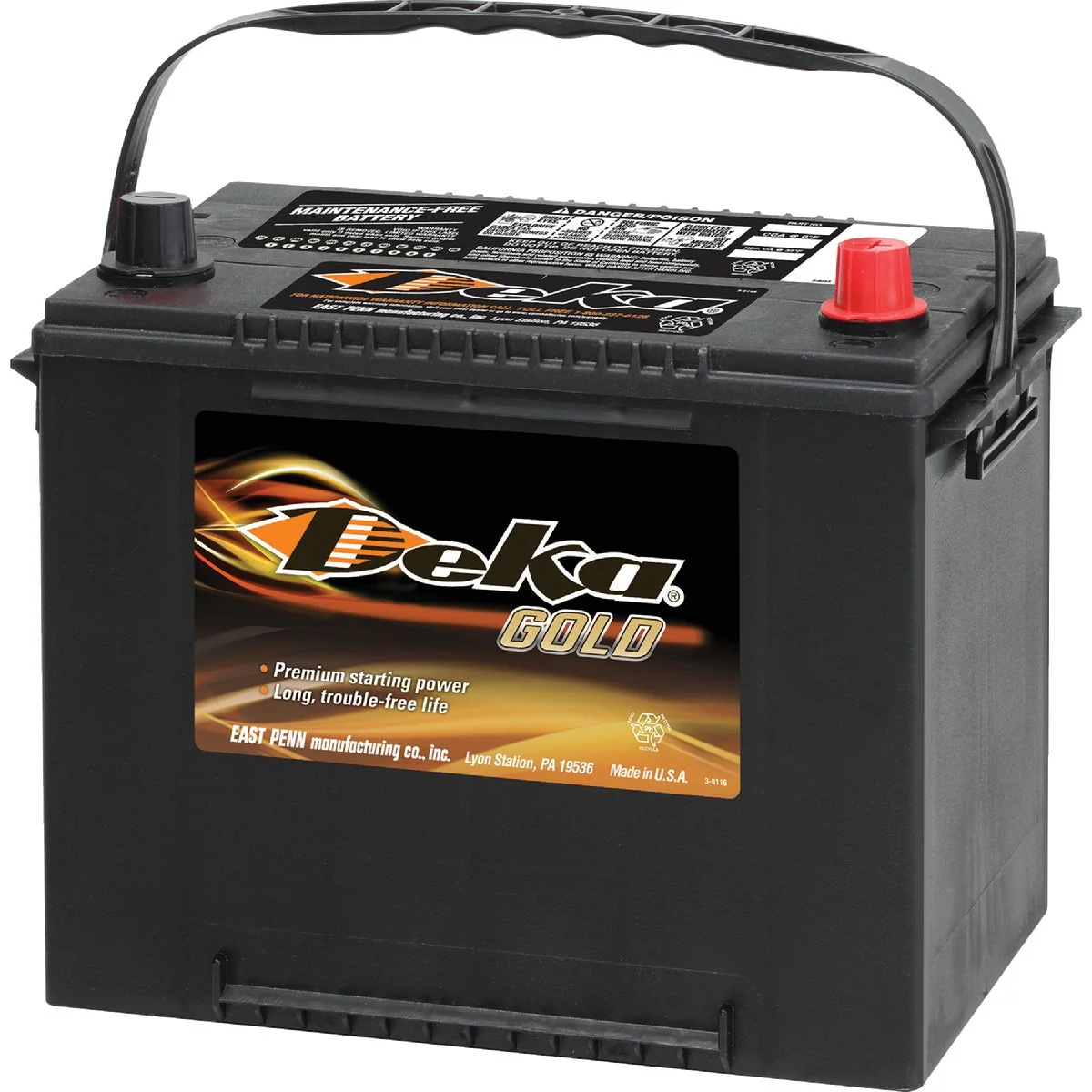 Traditional Deka Gold 12-Volt 650 CCA Automotive Battery Top Post Right Front Positive Terminal Superior