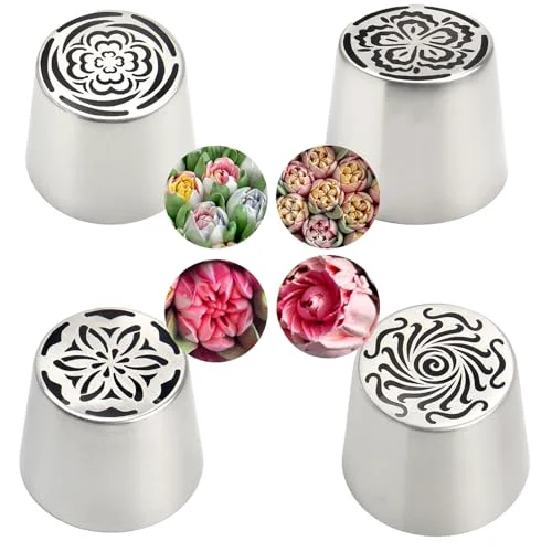Soft 4pcs Russian Piping Tips Set Extra Large Stainless Steel Flower Icing Nozzles One Step Peony Carnation Dahlia Rose Tips for Cake Decorating ButtercreamCupcake Baking Supplies for Beginners 4 Count First-Class