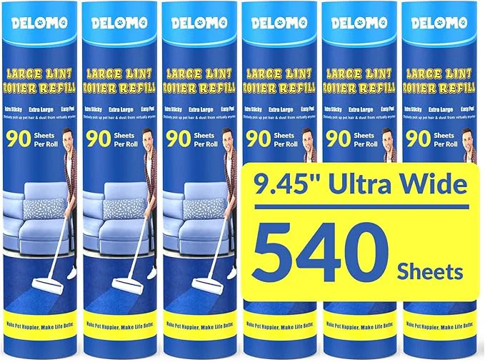 Smart Large Lint Roller Refills DELOMO 9.45 in Lint Roller Refill 6 Pack 540 Sheets Compatible Only with DELOMO Large Lint Roller for Cleaning Floor Carpets Bedding Couch Cars Pet HairAbout ThisOverview Lightweight