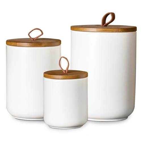 Minimalist White Ceramic Canister with Bamboo Lid 3 Count Premium