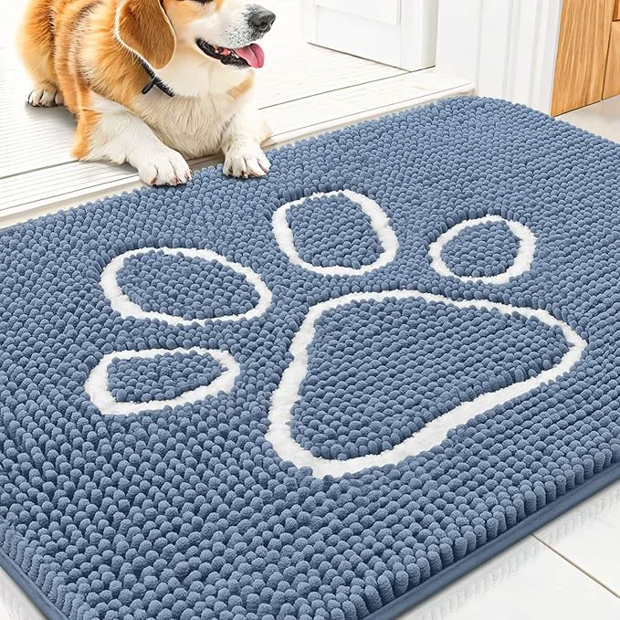 Powerful Smiry Dog Door Mat for Muddy Paws Absorbent Dirt Trapper Non Slip Quick Dry Washable Chenille Mat for Mud Dogs Entry Rug for Indoor and Outdoor 30×20 Inches Airy Blue and White About ThisOverview Advanced