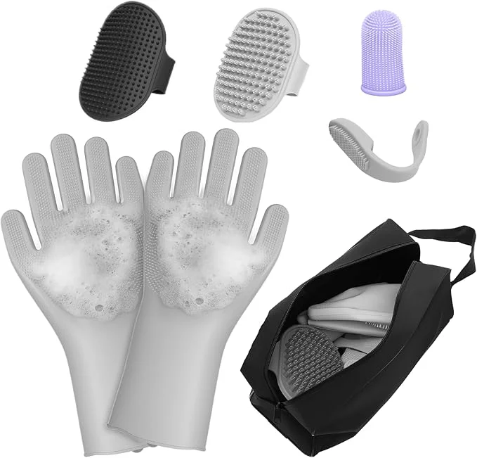 Durable 7PCS Pet Grooming Kit for Dogs and Cats，with Storage Bag Includes Dog Washing Gloveswith High-Density Teeth Adjustable Handle Dog Shampoo Brush Dog Finger Toothbrush Gray About This Next-Generation
