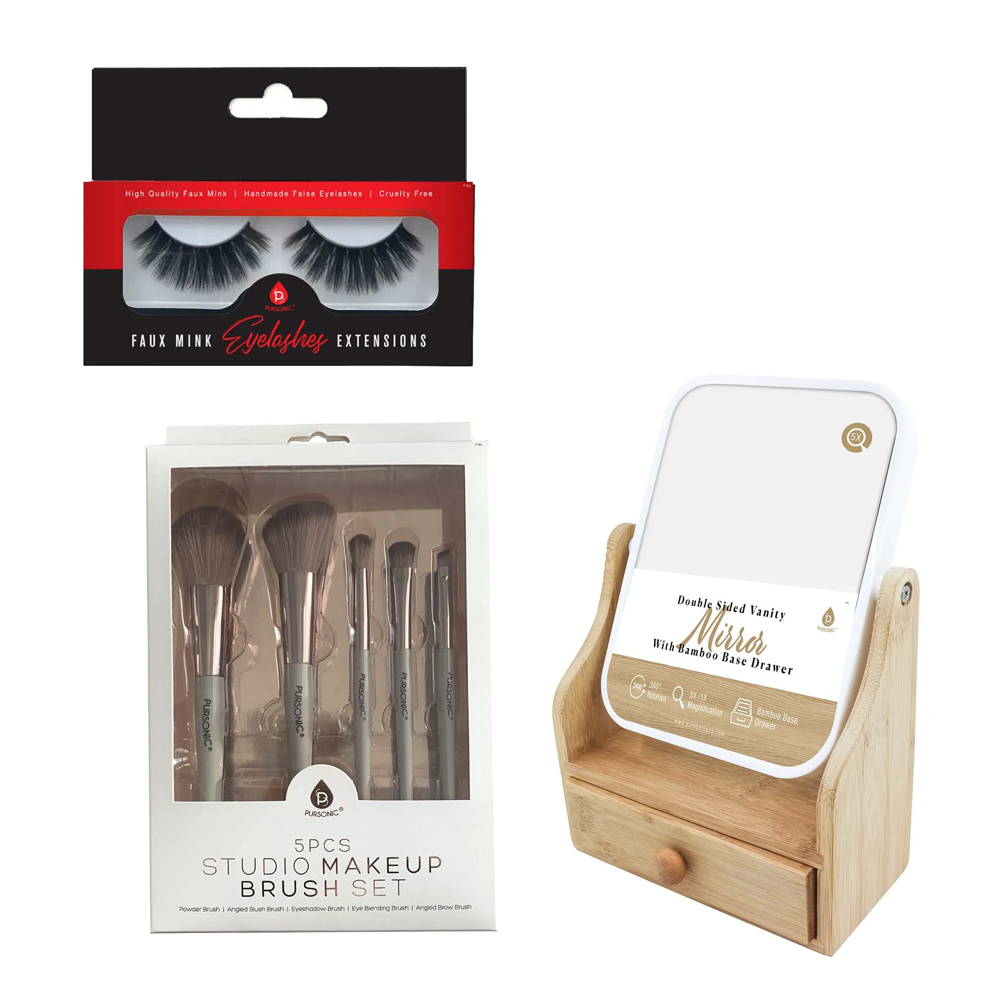 Fine Pursonic Glamour Essentials Bundle 5pc Studio Makeup Brush Set False Eyelashes Extensions Dual-Sided Vanity Mirror Quality